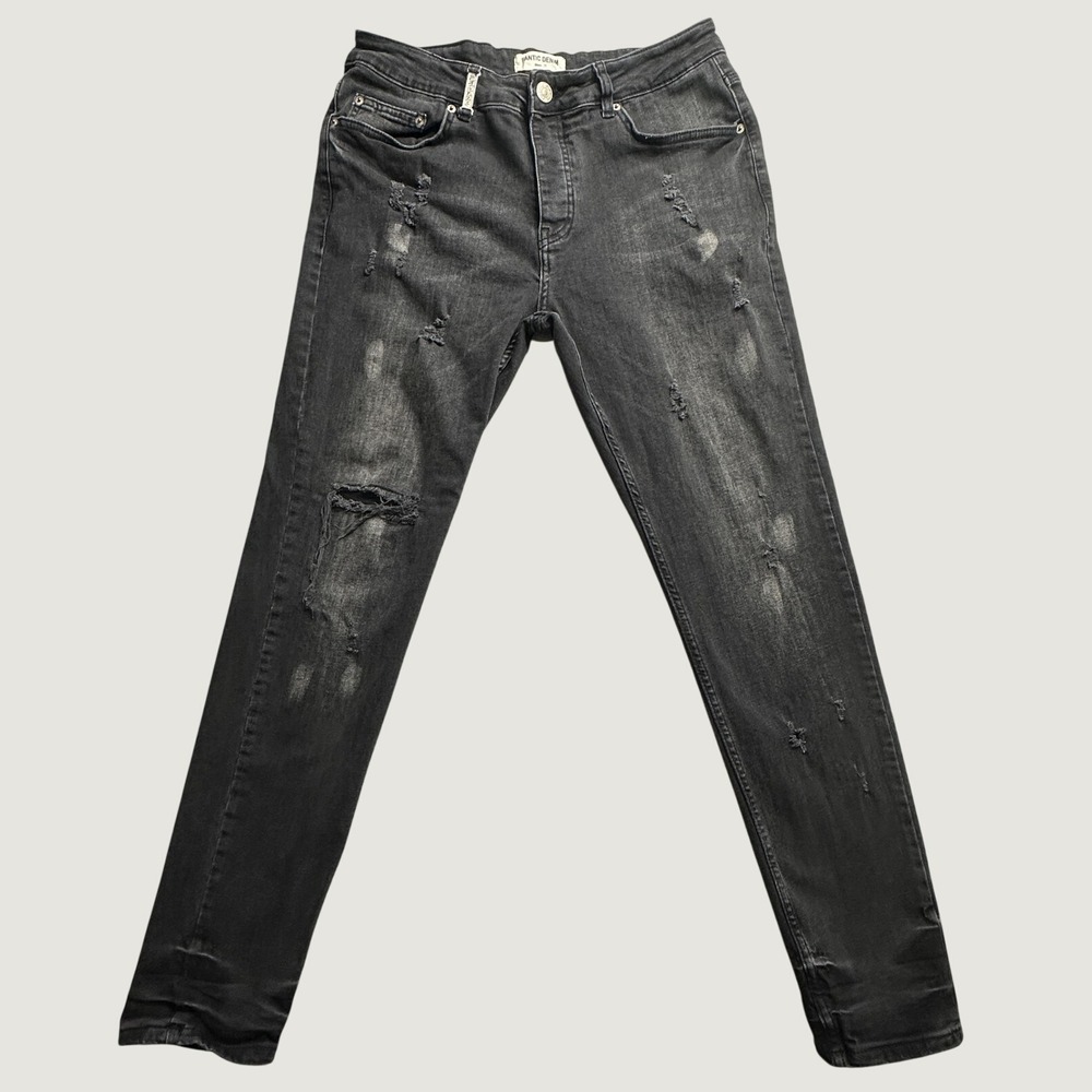 Fantic Denim Jeans Mens 36 Black Slim Tapered Stretch Button Fly Turkish Denim